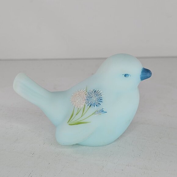 Fenton Painted Blue Satin Glass Bird Figurine Floral Design Signed Pam Miller - Picture 7 of 8